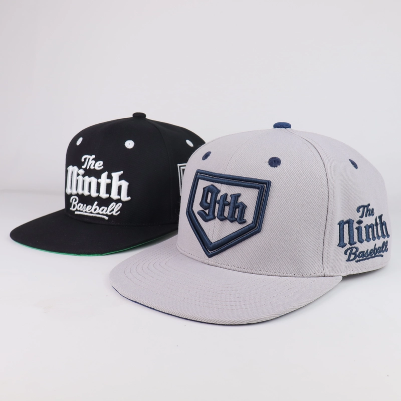 Custom black and grey wool blend flat brim streetwear caps with 3D embroidery